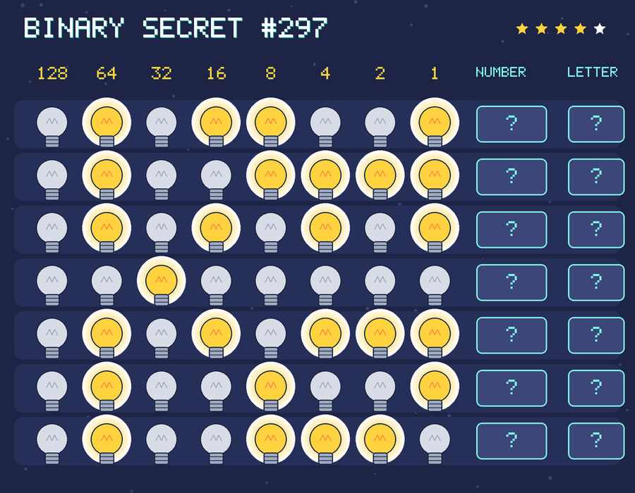 Binary secret 297: row 1: 01011001; row 2: 01001111; row 3: 01010101; row 4: 00100000; row 5: 01010111; row 6: 01001001; row 7: 01001110
