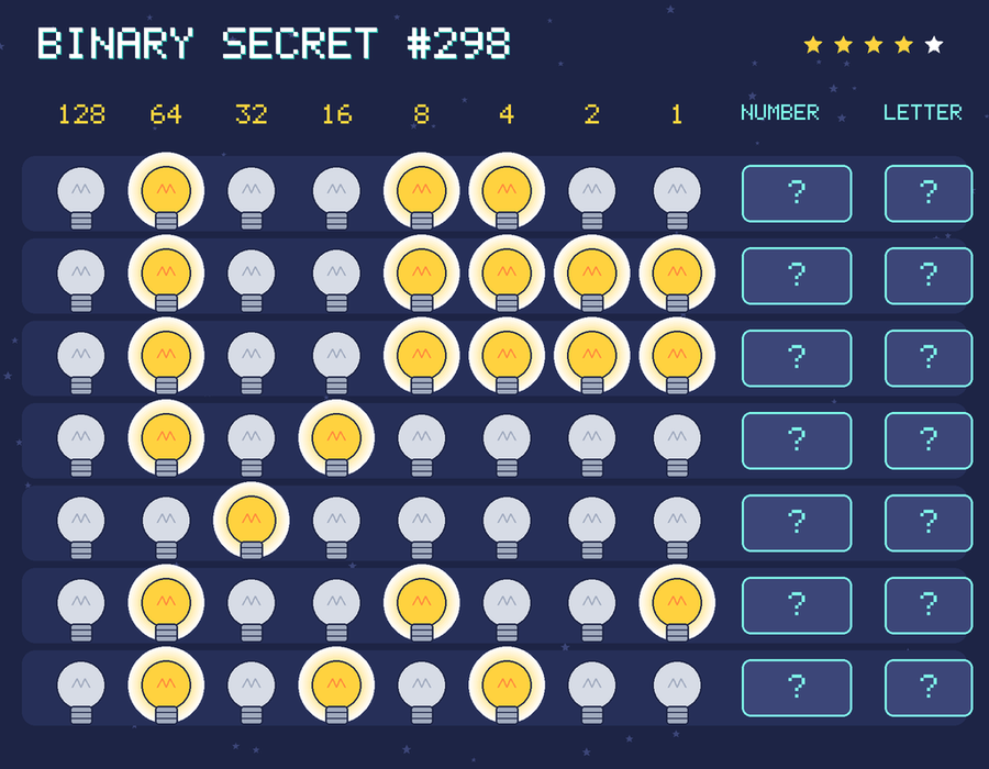 Binary secret 298: row 1: 01001100; row 2: 01001111; row 3: 01001111; row 4: 01010000; row 5: 00100000; row 6: 01001001; row 7: 01010100