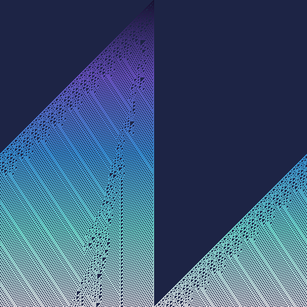 Binary art made by cellular automaton rule 110: each row of squares is worked out from the row above using a tiny rule
