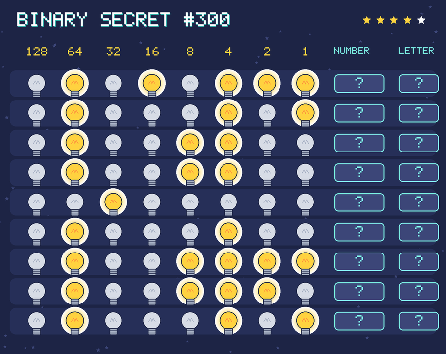 Binary secret 300: row 1: 01010111; row 2: 01000101; row 3: 01001100; row 4: 01001100; row 5: 00100000; row 6: 01000100; row 7: 01001111; row 8: 01001110; row 9: 01000101
