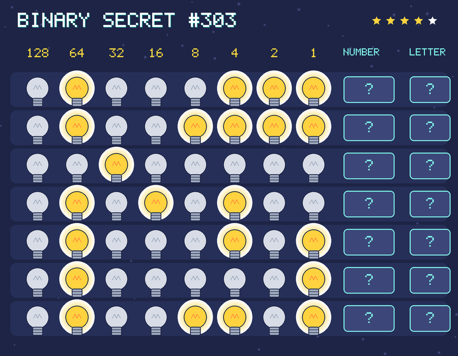 Binary secret 303: row 1: 01000111; row 2: 01001111; row 3: 00100000; row 4: 01010100; row 5: 01000101; row 6: 01000001; row 7: 01001101