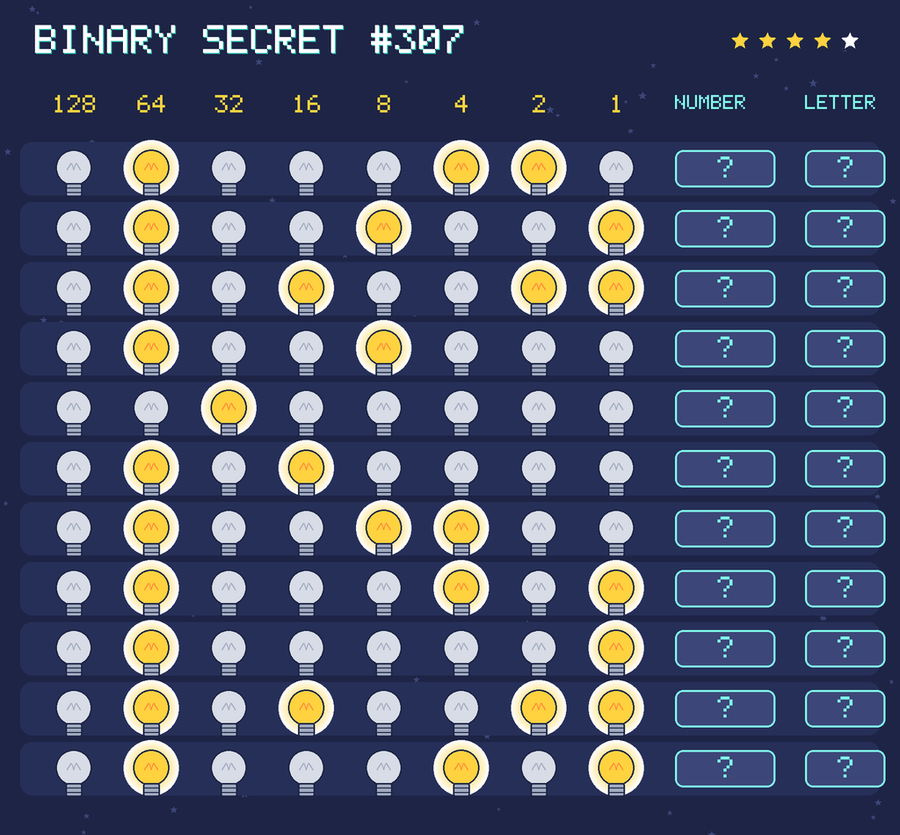 Binary secret 307: row 1: 01000110; row 2: 01001001; row 3: 01010011; row 4: 01001000; row 5: 00100000; row 6: 01010000; row 7: 01001100; row 8: 01000101; row 9: 01000001; row 10: 01010011; row 11: 01000101