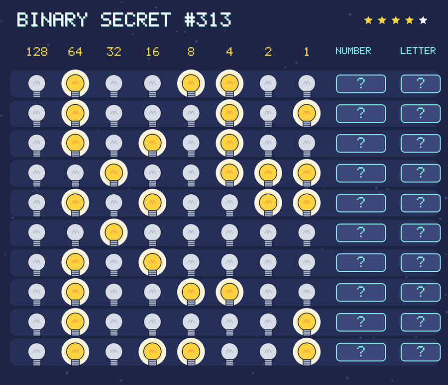 Binary secret 313: row 1: 01001100; row 2: 01000101; row 3: 01010100; row 4: 00100111; row 5: 01010011; row 6: 00100000; row 7: 01010000; row 8: 01001100; row 9: 01000001; row 10: 01011001