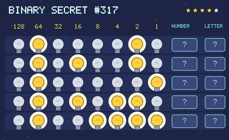 Binary secret 317: row 1: 01000010; row 2: 01010010; row 3: 01000001; row 4: 01010110; row 5: 01001111