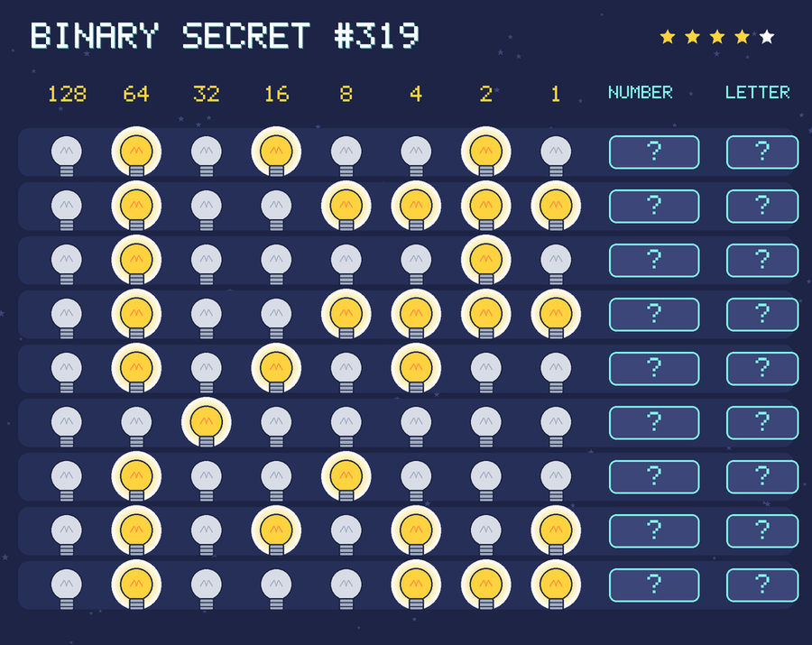 Binary secret 319: row 1: 01010010; row 2: 01001111; row 3: 01000010; row 4: 01001111; row 5: 01010100; row 6: 00100000; row 7: 01001000; row 8: 01010101; row 9: 01000111