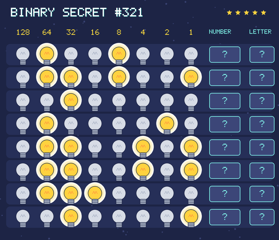 Binary secret 321: row 1: 01001000; row 2: 01101001; row 3: 00100000; row 4: 01000010; row 5: 01100101; row 6: 01100101; row 7: 01110000; row 8: 00100001