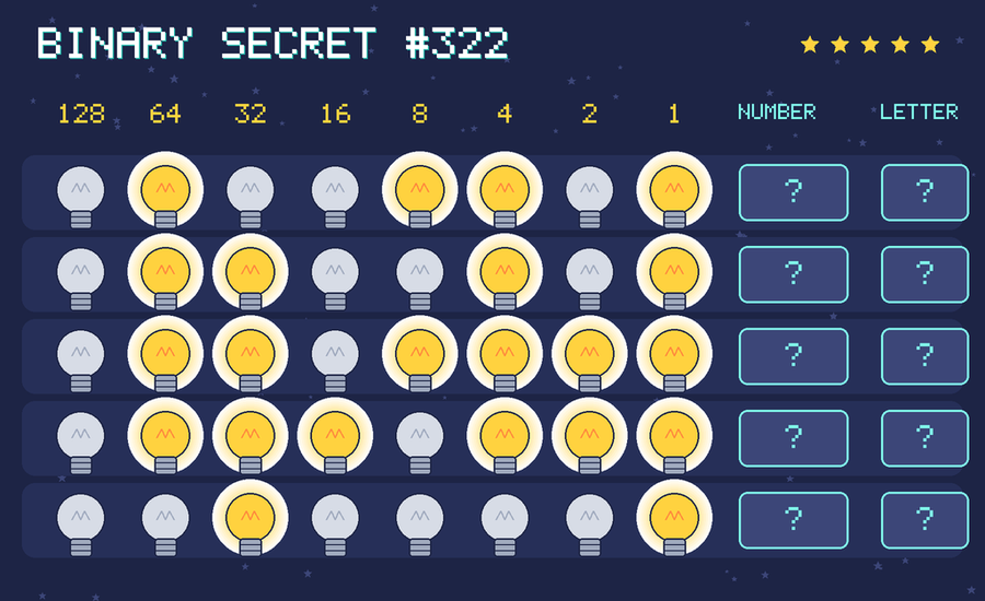 Binary secret 322: row 1: 01001101; row 2: 01100101; row 3: 01101111; row 4: 01110111; row 5: 00100001