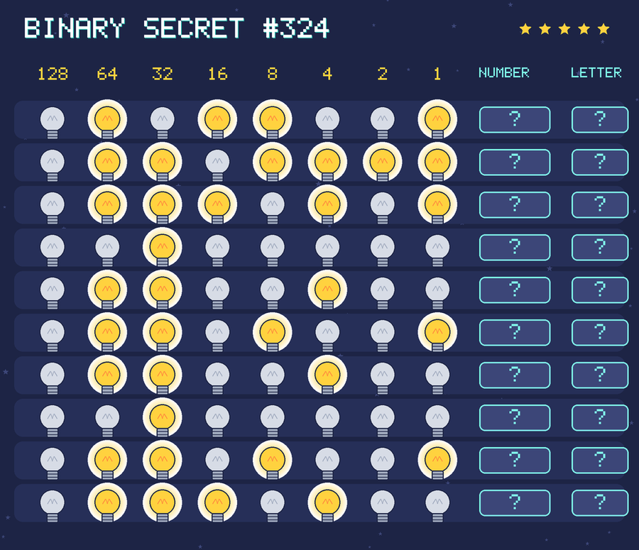 Binary secret 324: row 1: 01011001; row 2: 01101111; row 3: 01110101; row 4: 00100000; row 5: 01100100; row 6: 01101001; row 7: 01100100; row 8: 00100000; row 9: 01101001; row 10: 01110100