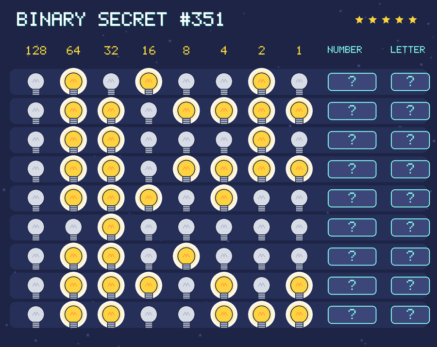 Binary secret 351: row 1: 01010010; row 2: 01101111; row 3: 01100010; row 4: 01101111; row 5: 01110100; row 6: 00100000; row 7: 01101000; row 8: 01110101; row 9: 01100111