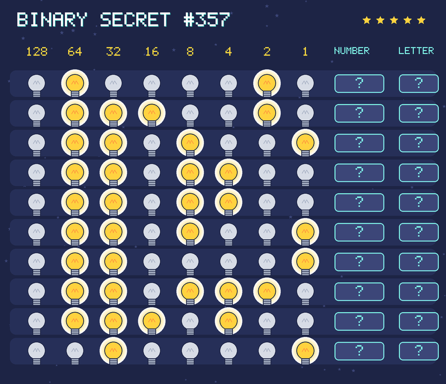 Binary secret 357: row 1: 01000010; row 2: 01110010; row 3: 01101001; row 4: 01101100; row 5: 01101100; row 6: 01101001; row 7: 01100001; row 8: 01101110; row 9: 01110100; row 10: 00100001