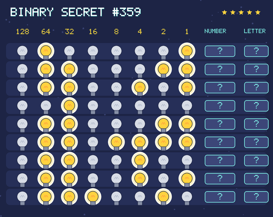 Binary secret 359: row 1: 01000001; row 2: 01100011; row 3: 01100101; row 4: 00100000; row 5: 01100011; row 6: 01101111; row 7: 01100100; row 8: 01100101; row 9: 01110010
