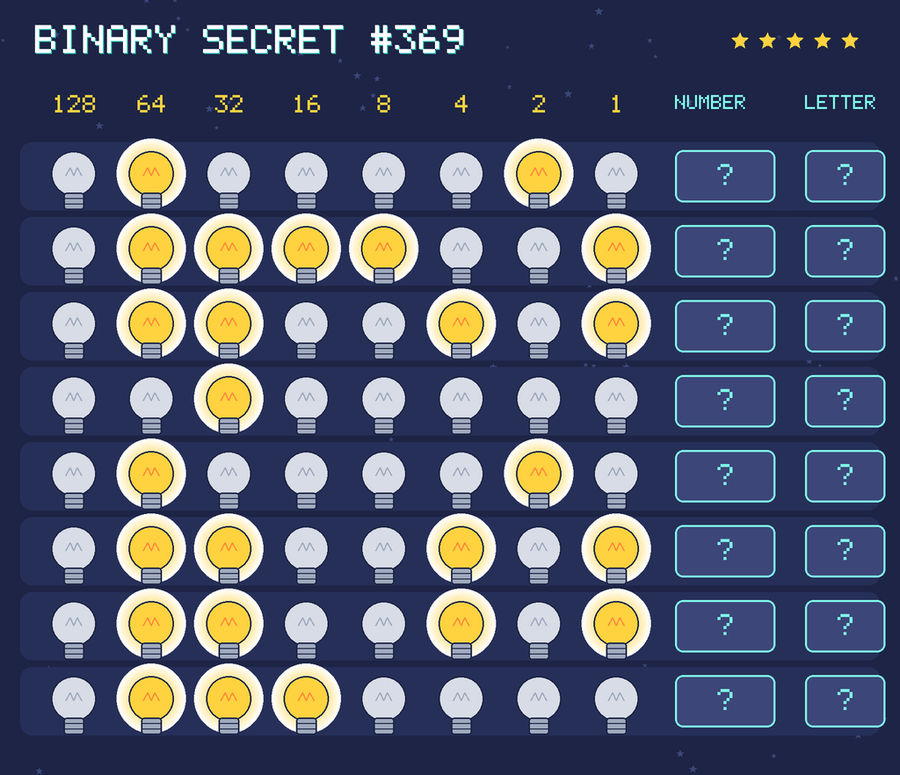Binary secret 369: row 1: 01000010; row 2: 01111001; row 3: 01100101; row 4: 00100000; row 5: 01000010; row 6: 01100101; row 7: 01100101; row 8: 01110000