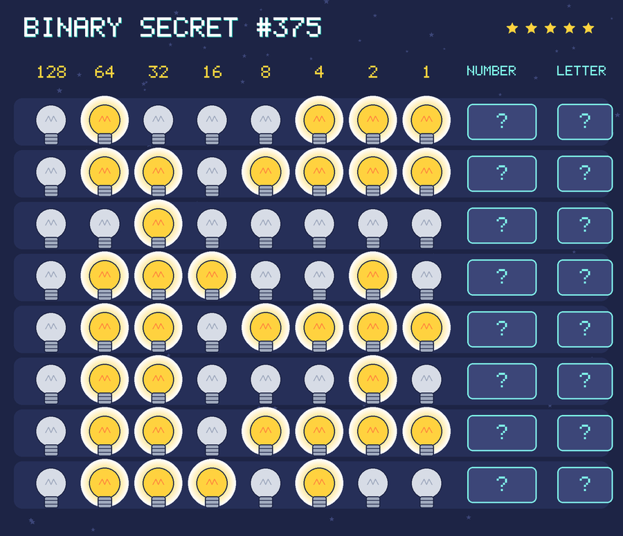 Binary secret 375: row 1: 01000111; row 2: 01101111; row 3: 00100000; row 4: 01110010; row 5: 01101111; row 6: 01100010; row 7: 01101111; row 8: 01110100