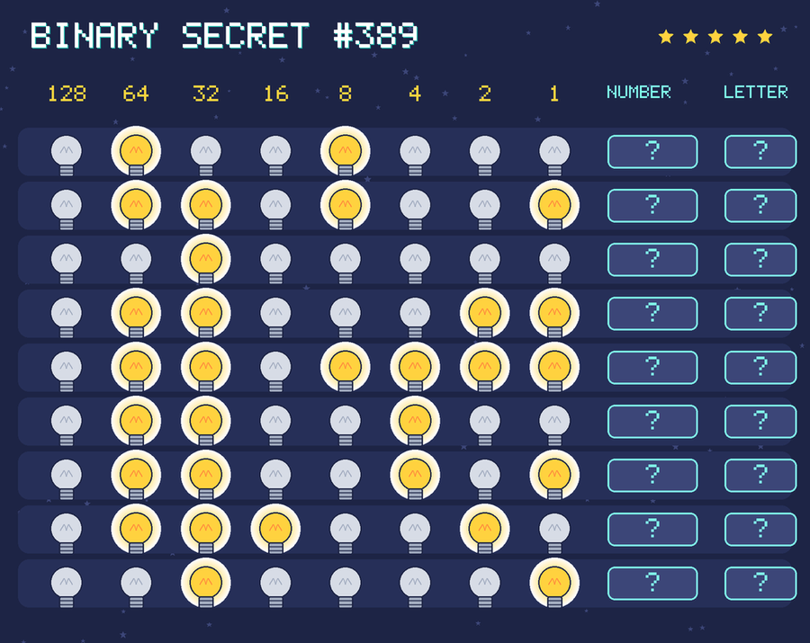 Binary secret 389: row 1: 01001000; row 2: 01101001; row 3: 00100000; row 4: 01100011; row 5: 01101111; row 6: 01100100; row 7: 01100101; row 8: 01110010; row 9: 00100001