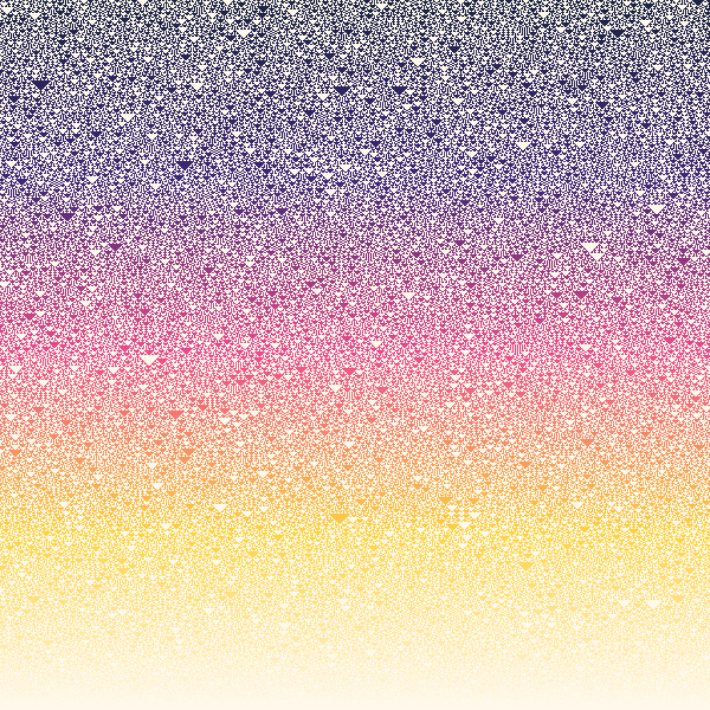 Binary art made by cellular automaton rule 150: each row of squares is worked out from the row above using a tiny rule