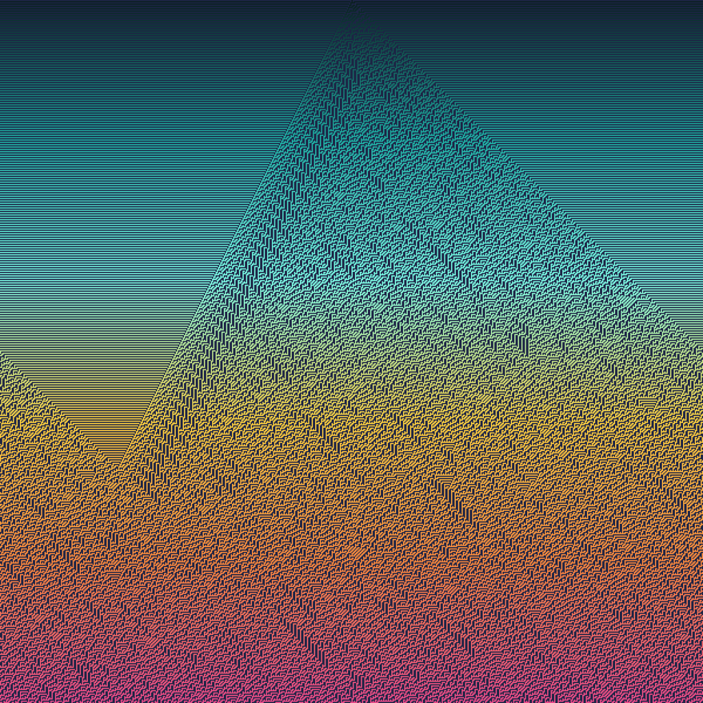 Binary art made by cellular automaton rule 45: each row of squares is worked out from the row above using a tiny rule