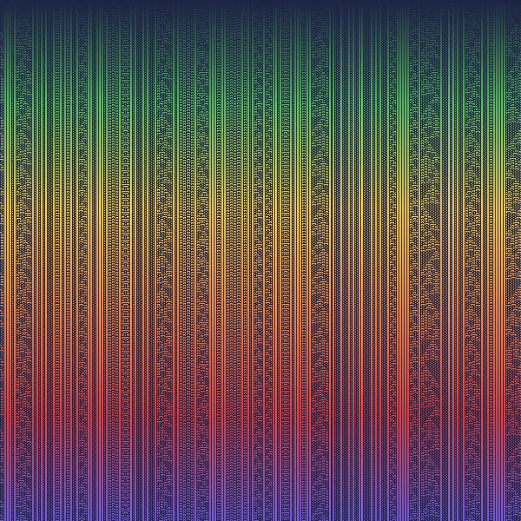 Binary art made by cellular automaton rule 73: each row of squares is worked out from the row above using a tiny rule