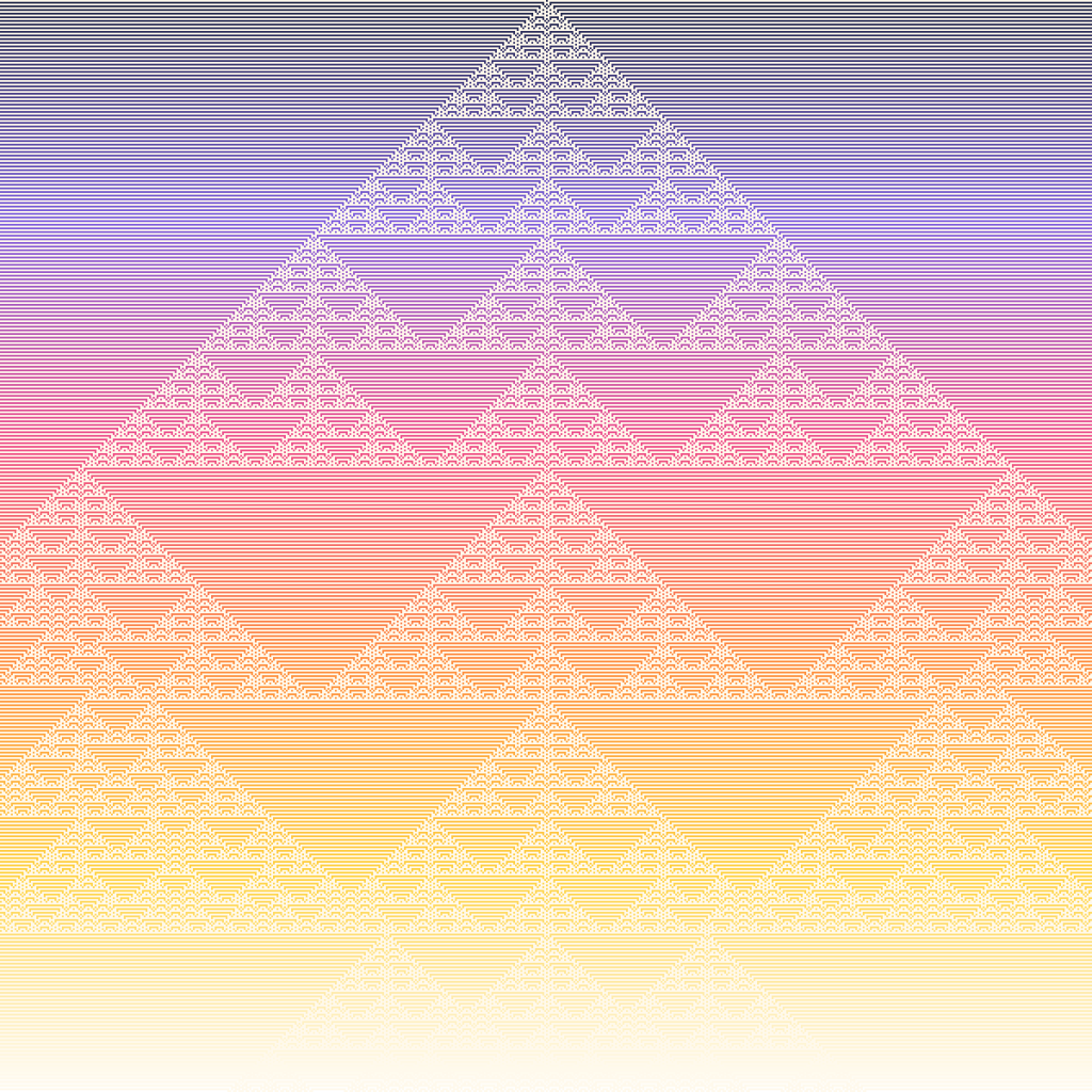 Binary art made by cellular automaton rule 105: each row of squares is worked out from the row above using a tiny rule