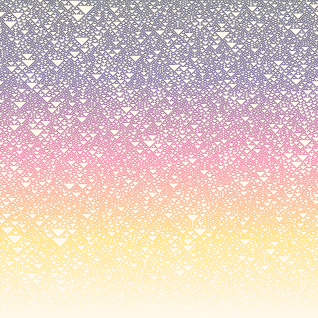 Binary art made by cellular automaton rule 22: each row of squares is worked out from the row above using a tiny rule