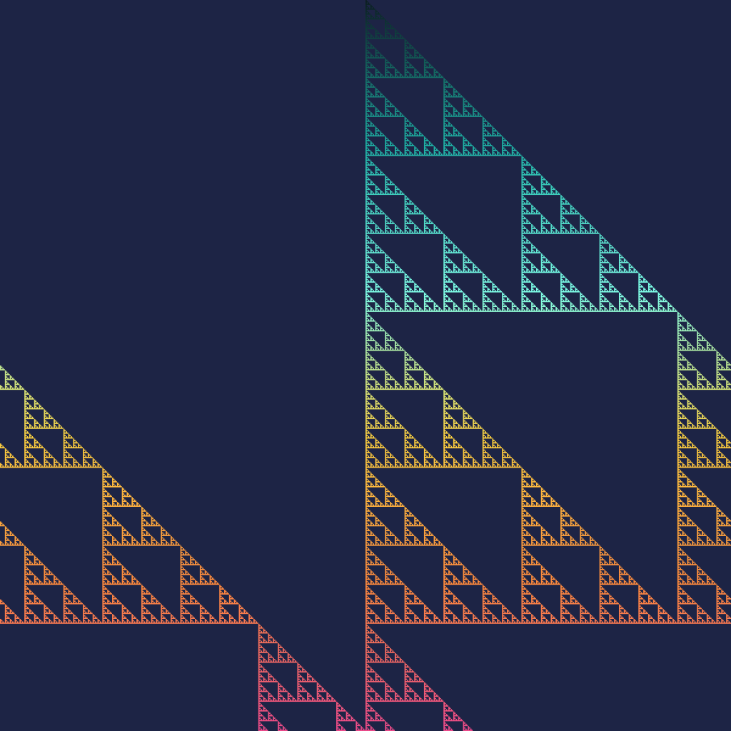Binary art made by cellular automaton rule 60: each row of squares is worked out from the row above using a tiny rule