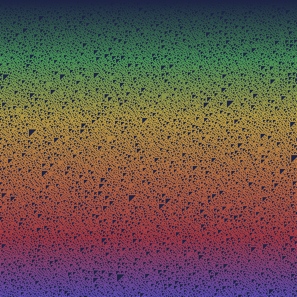 Binary art made by cellular automaton rule 102: each row of squares is worked out from the row above using a tiny rule