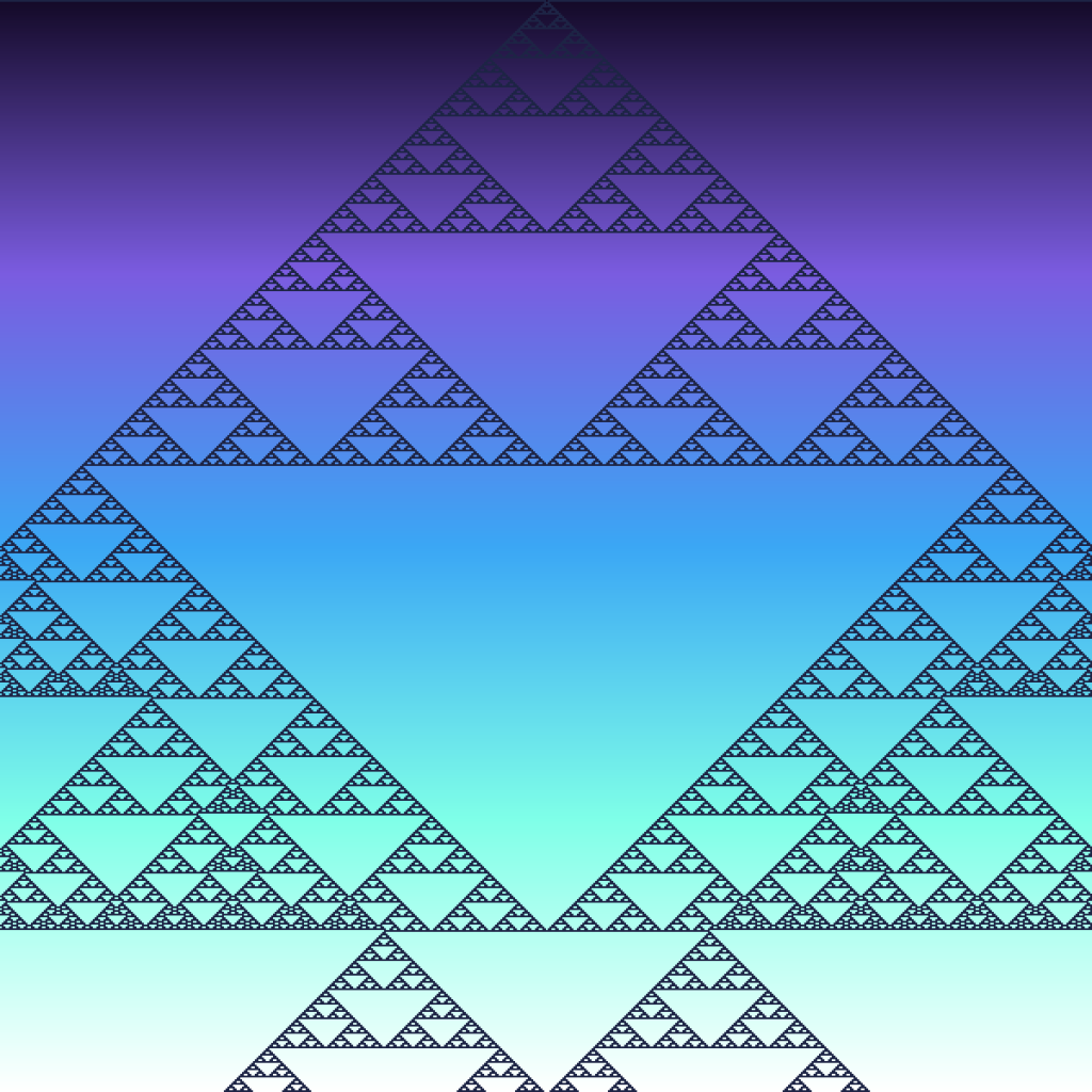 Binary art made by cellular automaton rule 129: each row of squares is worked out from the row above using a tiny rule