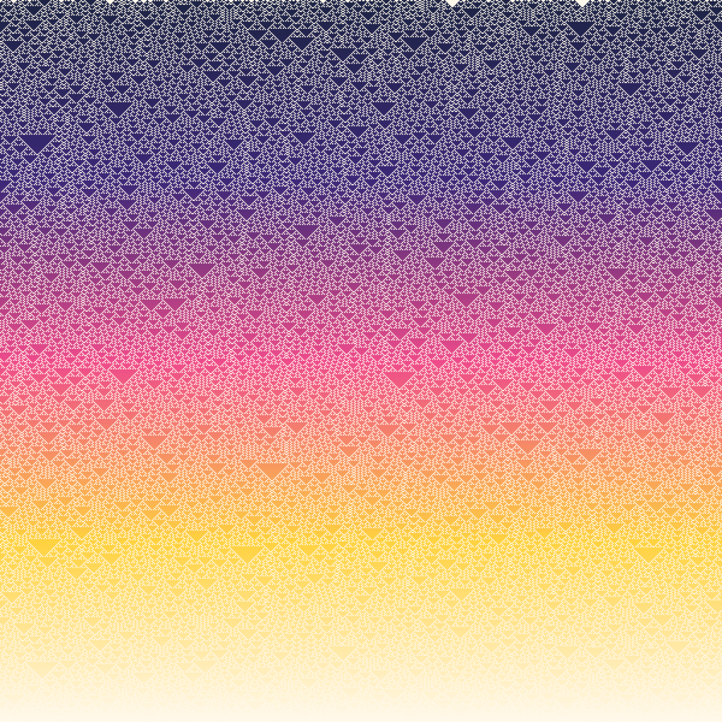 Binary art made by cellular automaton rule 182: each row of squares is worked out from the row above using a tiny rule