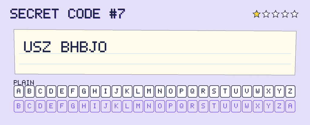 Secret code 7. The note says: USZ BHBJO