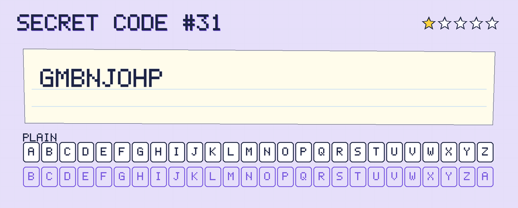 Secret code 31. The note says: GMBNJOHP