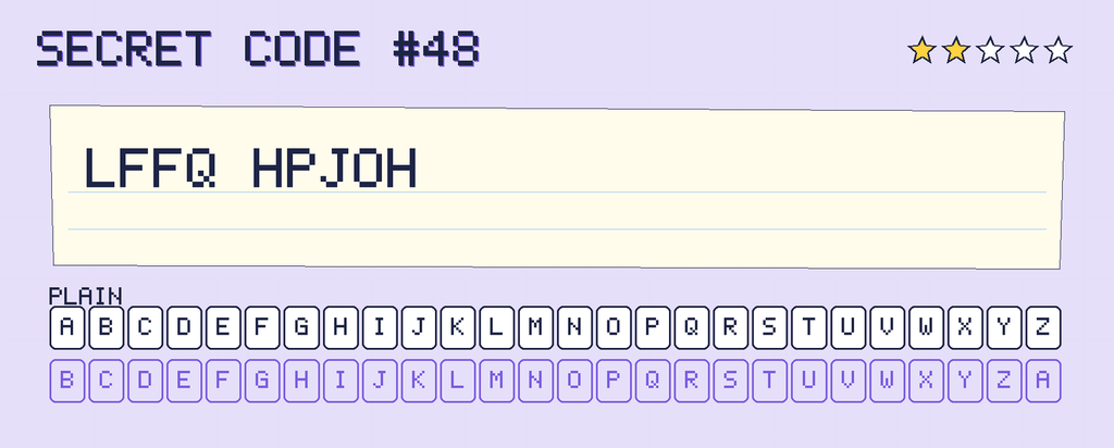 Secret code 48. The note says: LFFQ HPJOH