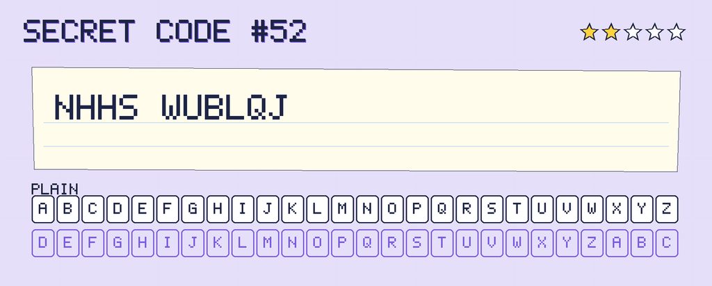 Secret code 52. The note says: NHHS WUBLQJ