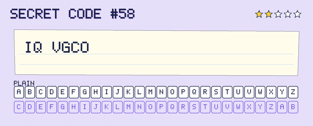 Secret code 58. The note says: IQ VGCO