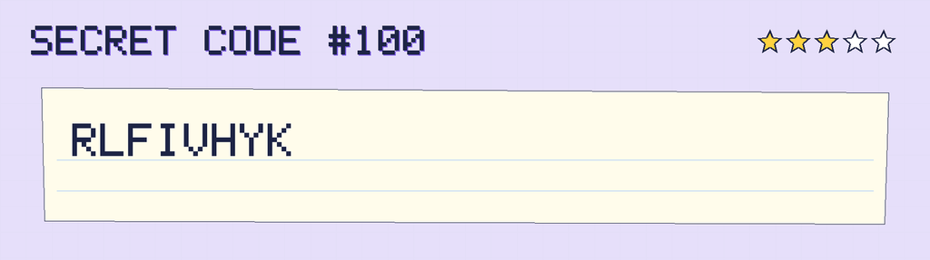 Secret code 100. The note says: RLFIVHYK
