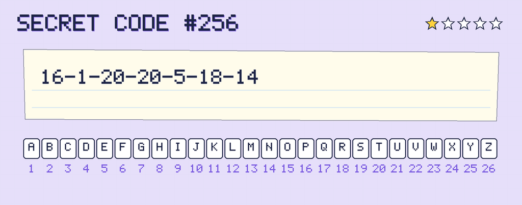 Secret code 256. The note says: 16-1-20-20-5-18-14
