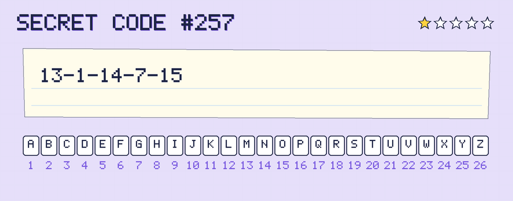 Secret code 257. The note says: 13-1-14-7-15