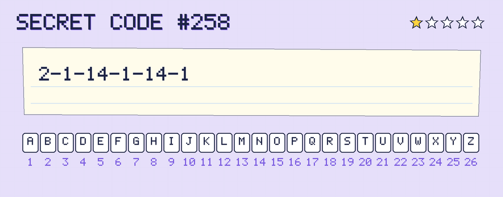 Secret code 258. The note says: 2-1-14-1-14-1