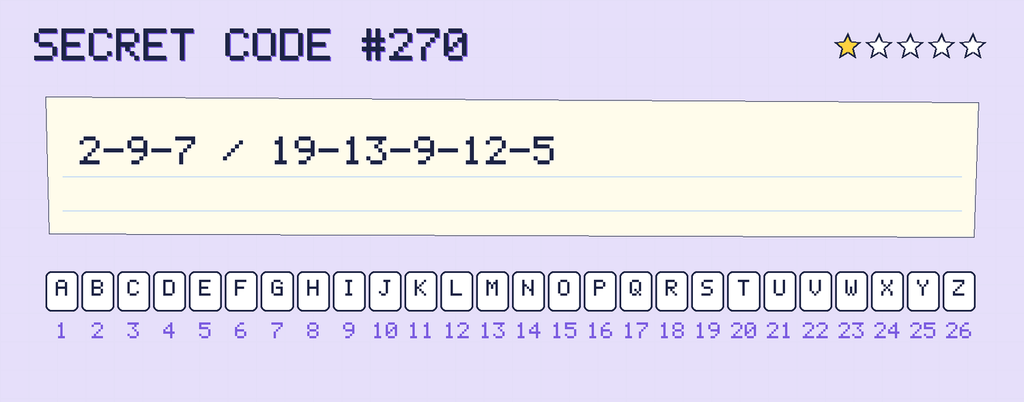 Secret code 270. The note says: 2-9-7 / 19-13-9-12-5