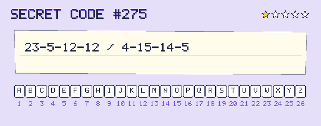 Secret code 275. The note says: 23-5-12-12 / 4-15-14-5