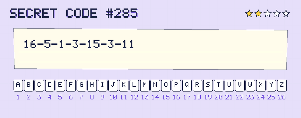 Secret code 285. The note says: 16-5-1-3-15-3-11