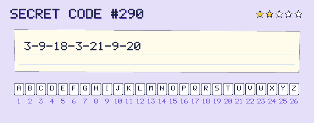 Secret code 290. The note says: 3-9-18-3-21-9-20