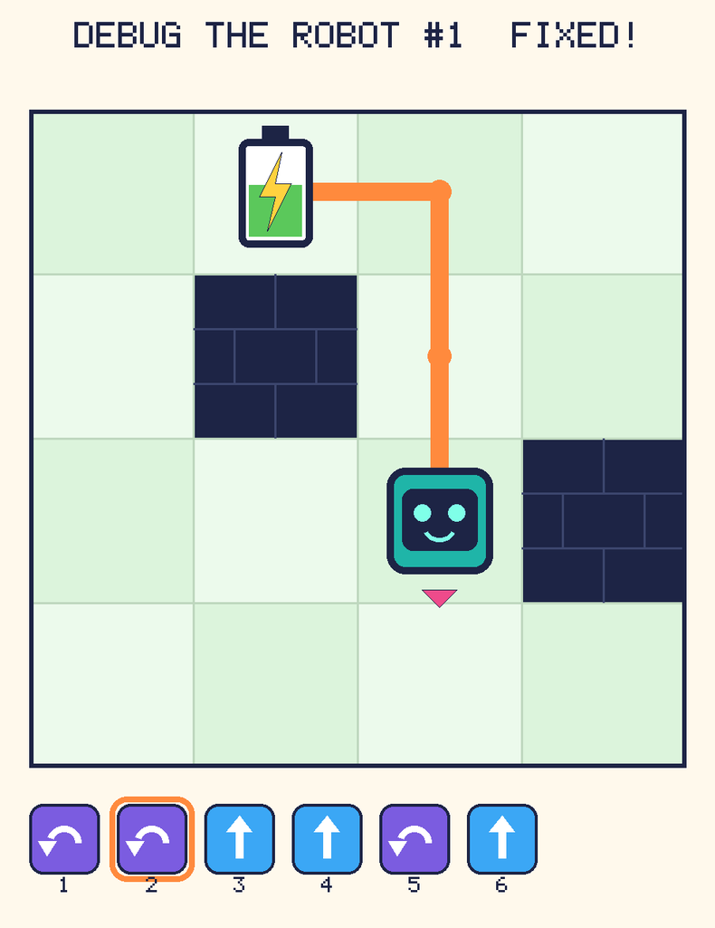 The fixed program, with Beep's route to the battery drawn as an orange line.