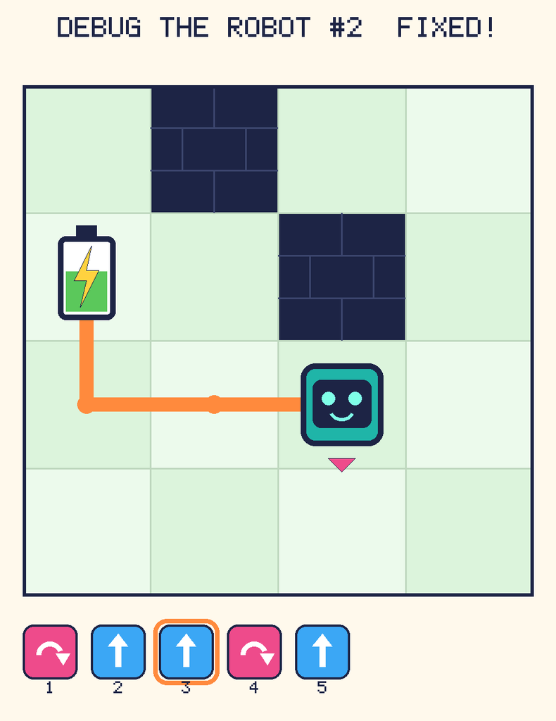 The fixed program, with Beep's route to the battery drawn as an orange line.