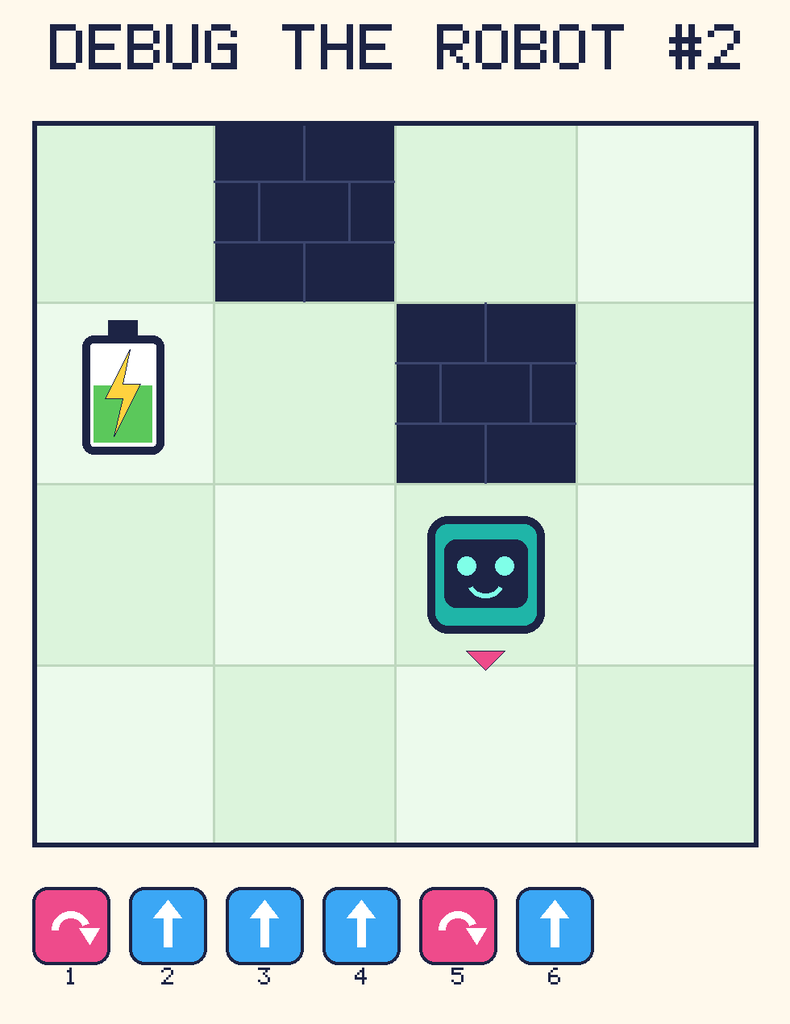 Debug the Robot 2. Beep starts at column 3, row 3, facing down. The battery is at column 1, row 2. Grid squares are counted from the top-left corner. Dark brick squares are walls.