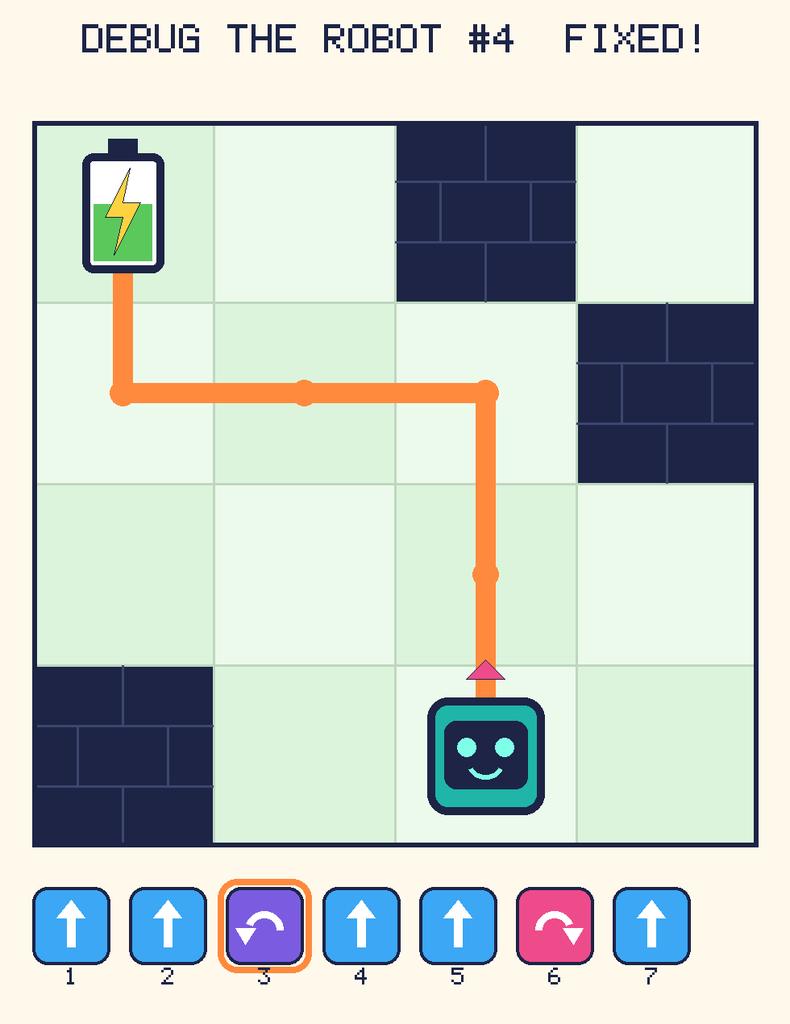 The fixed program, with Beep's route to the battery drawn as an orange line.