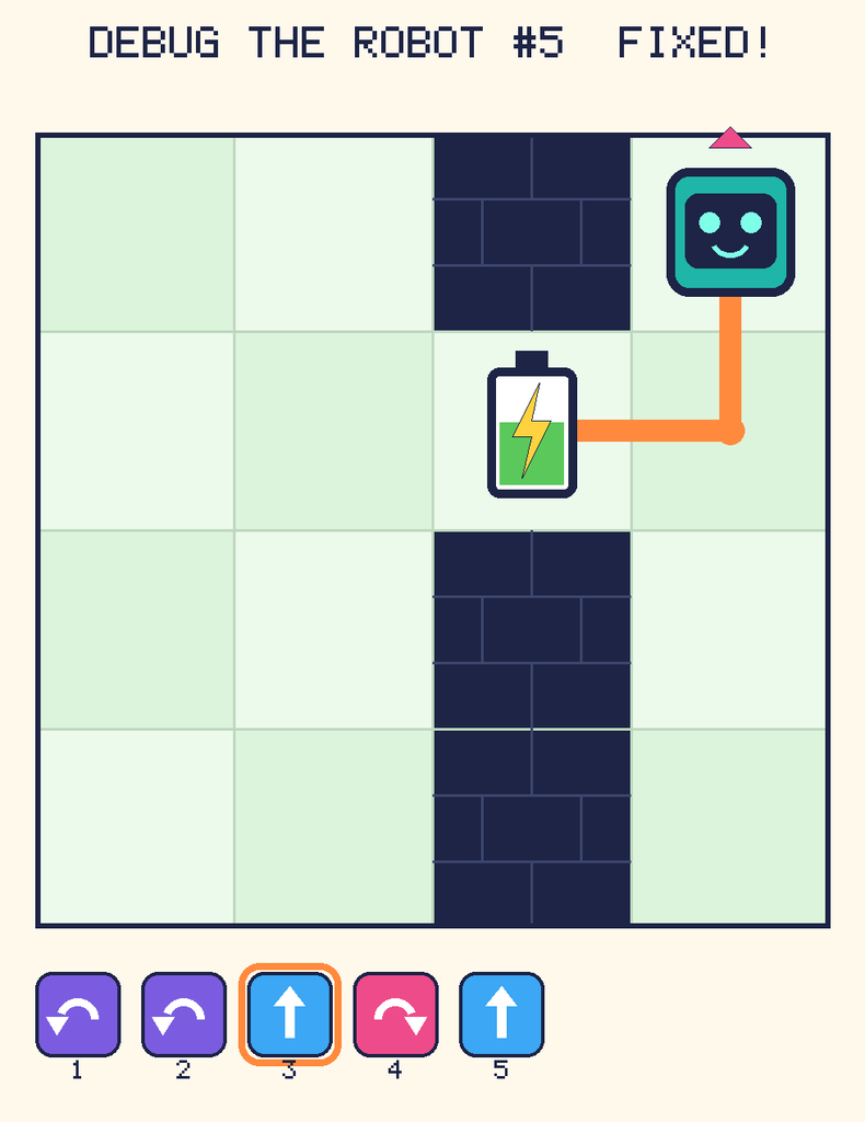 The fixed program, with Beep's route to the battery drawn as an orange line.