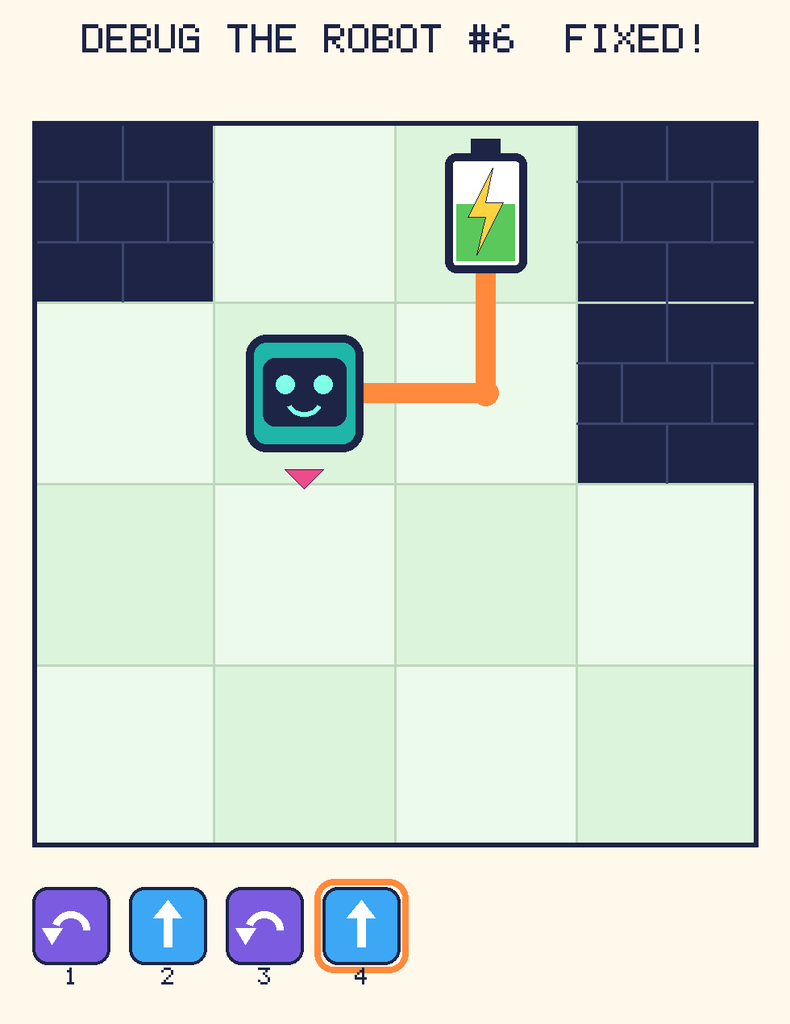 The fixed program, with Beep's route to the battery drawn as an orange line.