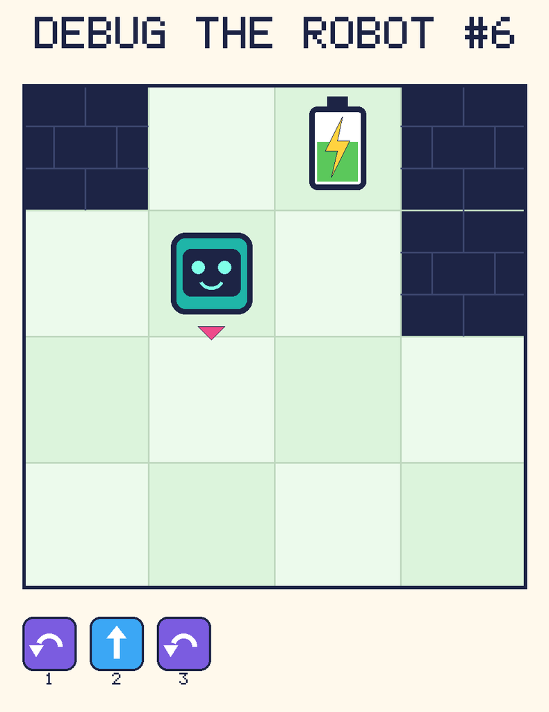 Debug the Robot 6. Beep starts at column 2, row 2, facing down. The battery is at column 3, row 1. Grid squares are counted from the top-left corner. Dark brick squares are walls.