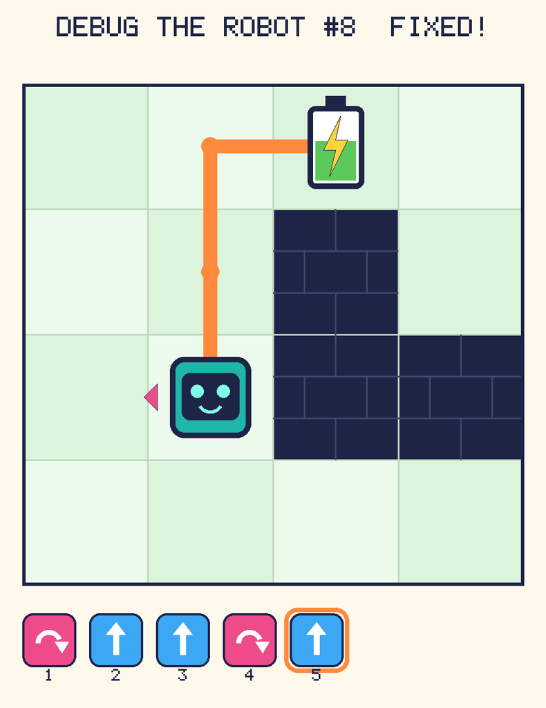The fixed program, with Beep's route to the battery drawn as an orange line.