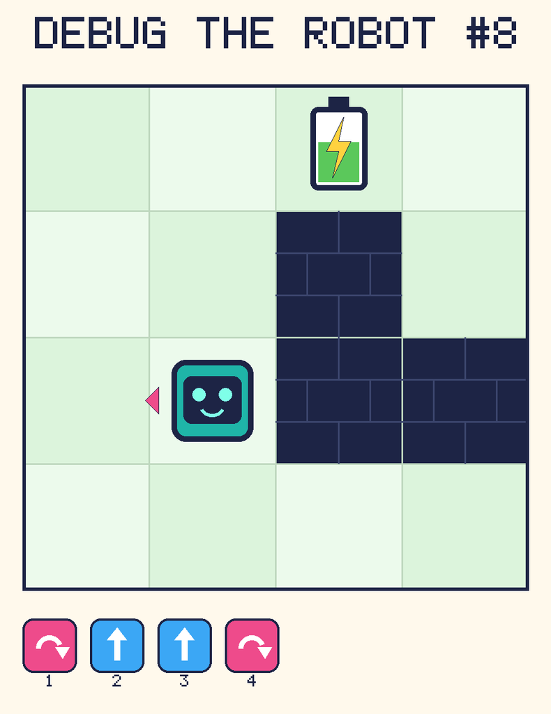 Debug the Robot 8. Beep starts at column 2, row 3, facing left. The battery is at column 3, row 1. Grid squares are counted from the top-left corner. Dark brick squares are walls.