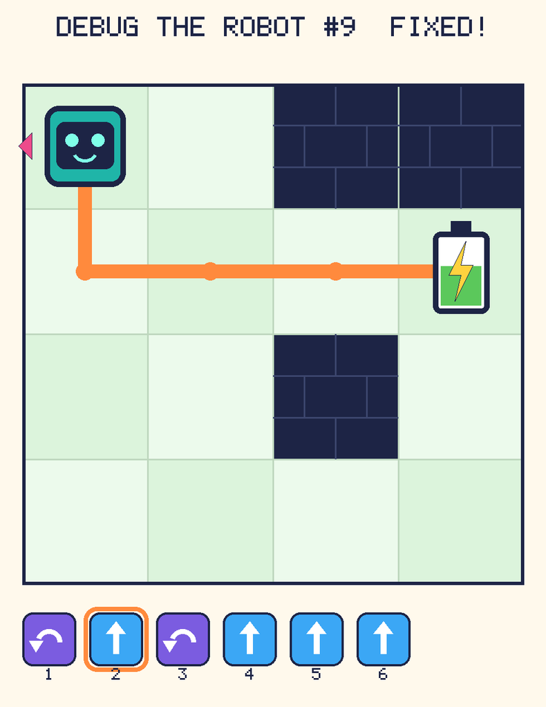 The fixed program, with Beep's route to the battery drawn as an orange line.